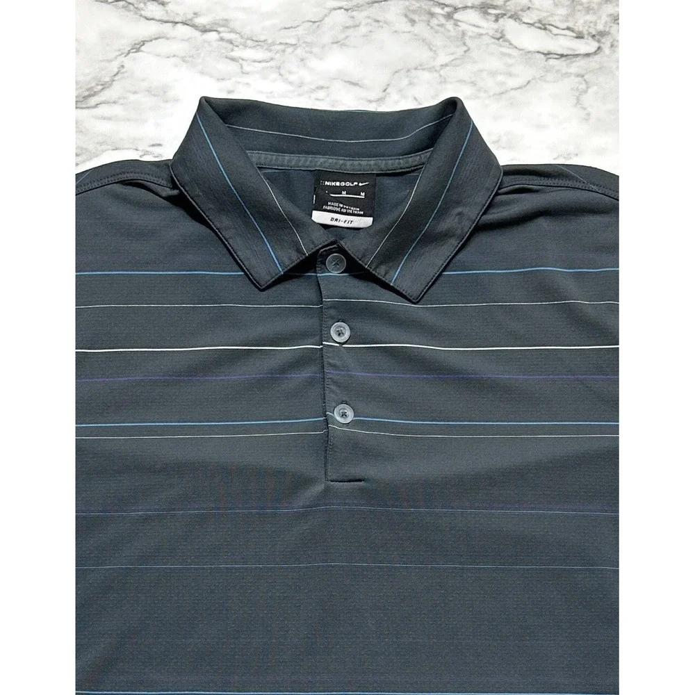 Nike Golf Dri Fit Men's Polo Shirt‎ M Dark Gray Striped Short Sleeve 388501-068